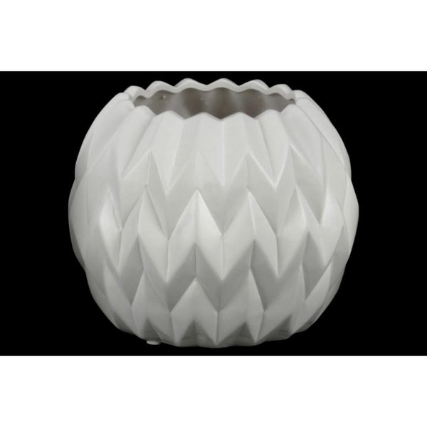 Embossed Wavy patterned Ceramic Low Vase With Uneven Lip, Large, Matte White-Vases-White-Ceramic-JadeMoghul Inc.