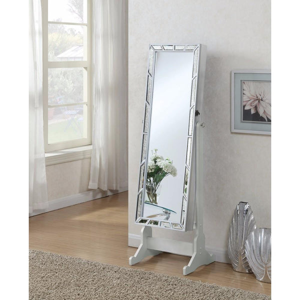 Enchanting Jewelry Cheval Mirror With Interior Storage, Silver-Jewelry Boxes and Organizers-Silver-Mirror & Wood-JadeMoghul Inc.