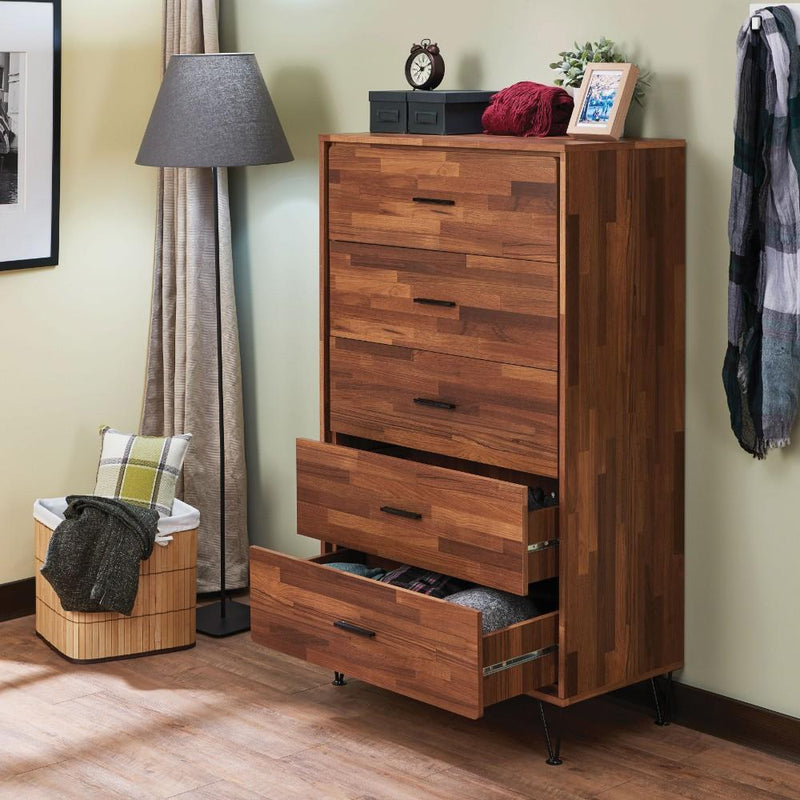 Enchanting Wooden Chest With 5 Drawers, Walnut Brown-Accent Chests and Cabinets-Brown-PB MDF Metal-JadeMoghul Inc.