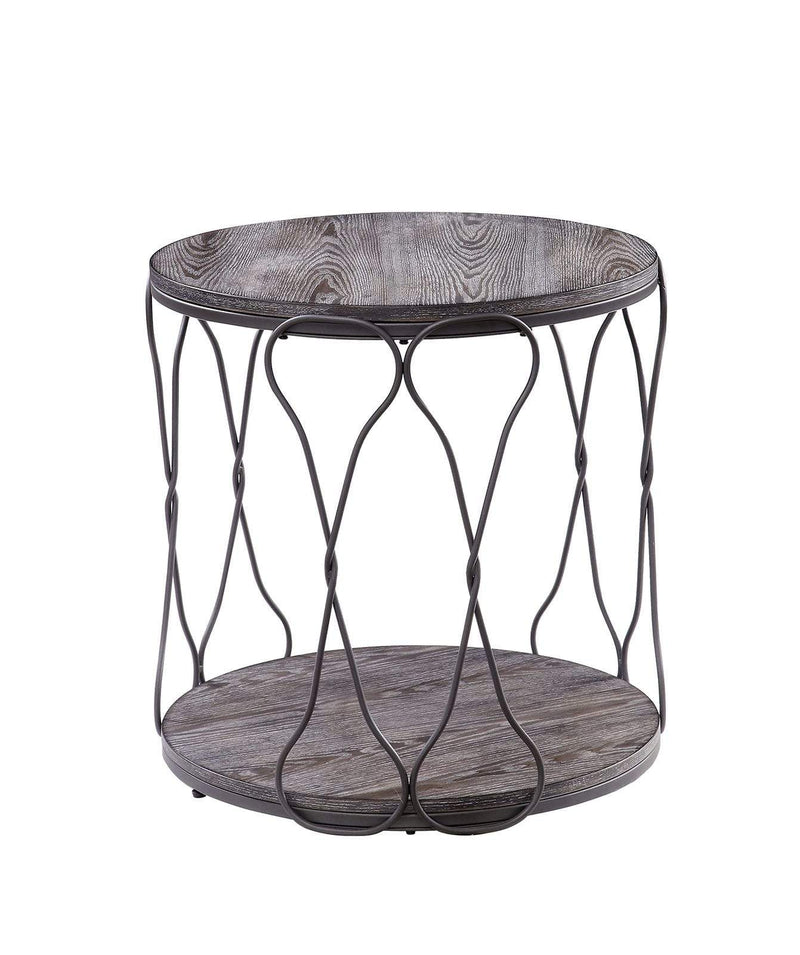 End Tables Round Industrial Style Metal and Solid Wood End Table with Open Bottom Shelf, Gray and Brown Benzara