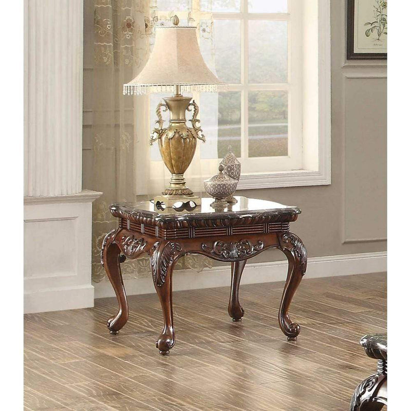 Traditional Style Engraved End Table With Marble Top, Dark Cherry Brown
