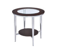 Wood and Metal Round End Table with Glass Inserted Top, Espresso Brown and Silver