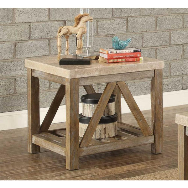 Wooden End Table With Marble Top And Slated Bottom Shelf, Gold Brown