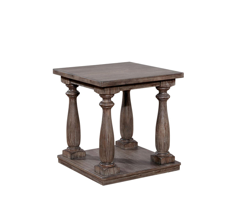 Wooden End Table with Turned Legs and Open Shelve, Rustic Gray