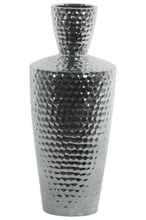 Engraved Diamond Pattern Ceramic Vase With Trumpet Neck, Large, Silver-Vases-Silver-Ceramic-JadeMoghul Inc.