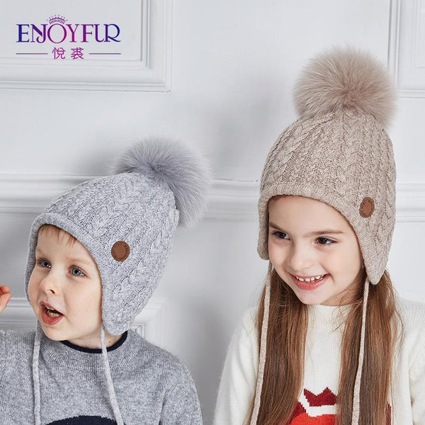 ENJOYFUR Ages 2-8 baby hat Children Winter Hats For Girls&Boy Cotton Thick Warm Knitted Ears Beanie Fox Fur Pompom Cap-7-China-JadeMoghul Inc.