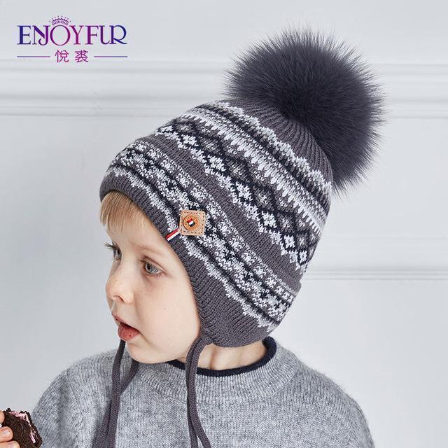 ENJOYFUR Cotton Caps Children Geometric Patchwork Knitted Winter Hats Real Fox Fur Pompom Boy Ears Hat Kids Thick Warm Beanies-03F-China-JadeMoghul Inc.