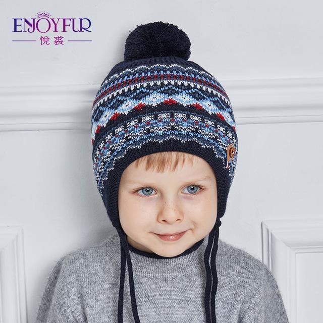 ENJOYFUR Cotton Caps Children Geometric Patchwork Knitted Winter Hats Real Fox Fur Pompom Boy Ears Hat Kids Thick Warm Beanies-2-China-JadeMoghul Inc.