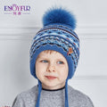 ENJOYFUR Cotton Caps Children Geometric Patchwork Knitted Winter Hats Real Fox Fur Pompom Boy Ears Hat Kids Thick Warm Beanies-24F-China-JadeMoghul Inc.