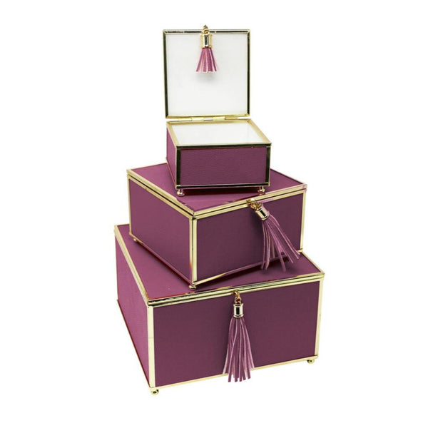 Excellent Purple Set Of 3 Storage Boxes With Tassel-Decorative Boxes-Purple-Glass / Pu-JadeMoghul Inc.