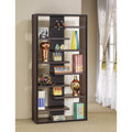Expressive Wooden Bookcase with Center Back Panel, Brown-Book Cases-BROWN-PAPER VENEER-JadeMoghul Inc.