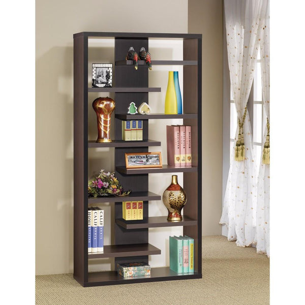 Expressive Wooden Bookcase with Center Back Panel, Brown-Book Cases-BROWN-PAPER VENEER-JadeMoghul Inc.