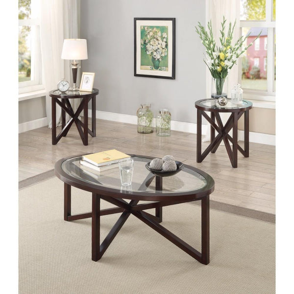 Exquisite 3 Piece Accent Table Set with Tempered Glass Top, Brown-Coffee Table Sets-BROWN And BLACK-JadeMoghul Inc.