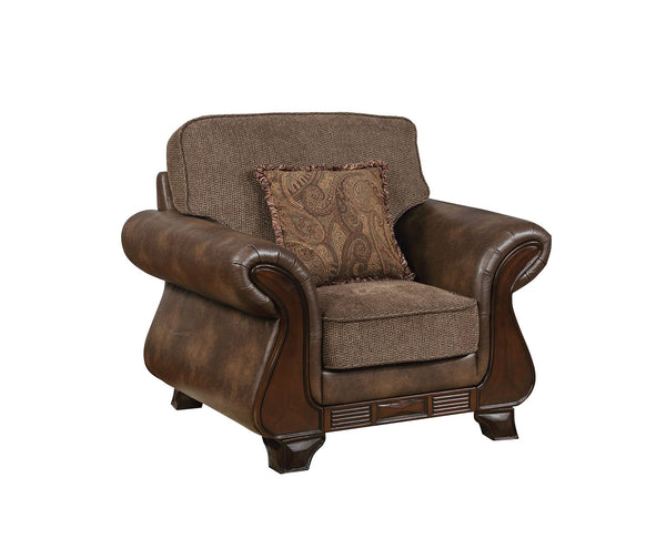 Fabric And Leather Upholstered Chair With Pillow In Brown-Accent Chairs-Brown-Fabric Leather and wood-JadeMoghul Inc.