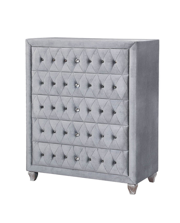 Fabric and Solid Wood Chest With Button Tufted Front, Gray-Cabinet and Storage chests-Gray-Fabric/Solid Wood-JadeMoghul Inc.