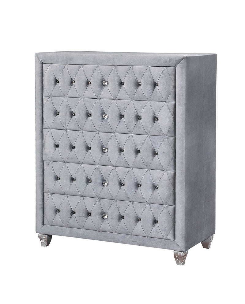 Fabric and Solid Wood Chest With Button Tufted Front, Gray-Cabinet and Storage chests-Gray-Fabric/Solid Wood-JadeMoghul Inc.