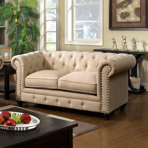 Fabric Traditional Love Seat With Nailhead Details And Button Tuftings, Ivory Cream-Loveseats-Cream-Wood Fabric-JadeMoghul Inc.