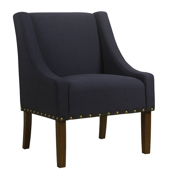 Fabric Upholstered Accent Chair with Swooping Arms and Nail Head Trim, Blue and Brown-Accent Chairs-Blue and Brown-Wood and Fabric-JadeMoghul Inc.