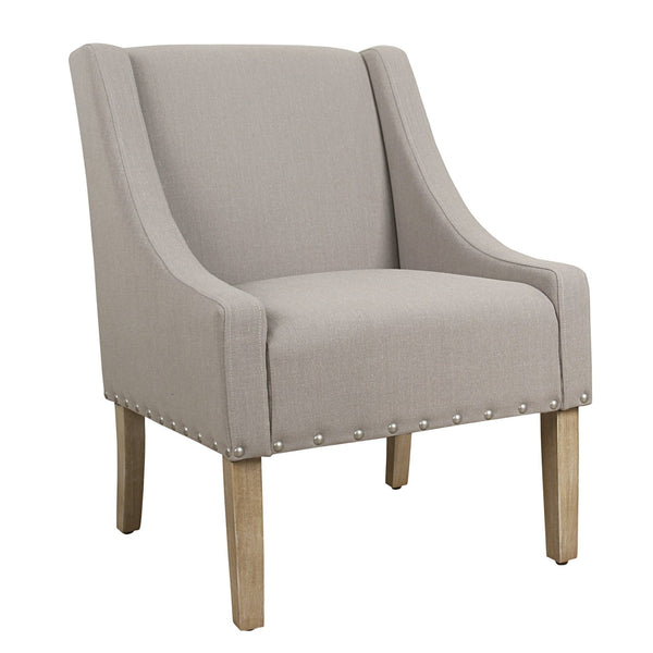 Fabric Upholstered Accent Chair with Swooping Arms and Nail Head Trim, Tan and Brown-Accent Chairs-Tan and Brown-Wood and Fabric-JadeMoghul Inc.