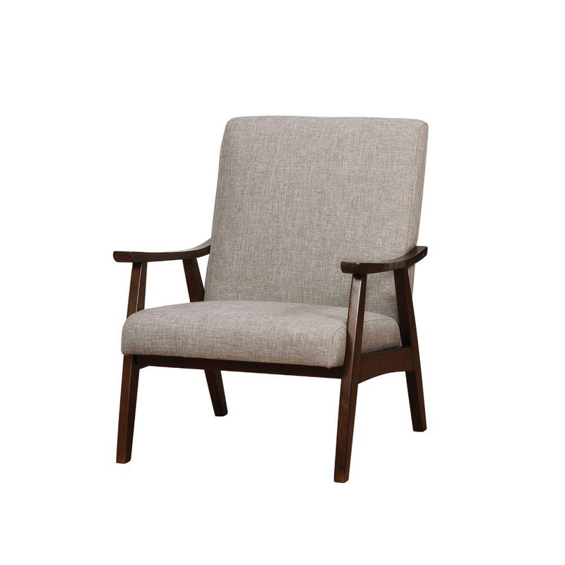 Fabric Upholstered Accent Chair with Wooden Curved Arms and Slanted Feet, Light Gray and Brown-Accent Chairs-Gray and Brown-Wood and Fabric-JadeMoghul Inc.
