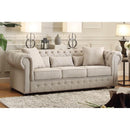 Fabric Upholstered Button Tufted Sofa With 5 Pillows, Beige-Living Room Furniture-Beige-Wood Fabric-JadeMoghul Inc.