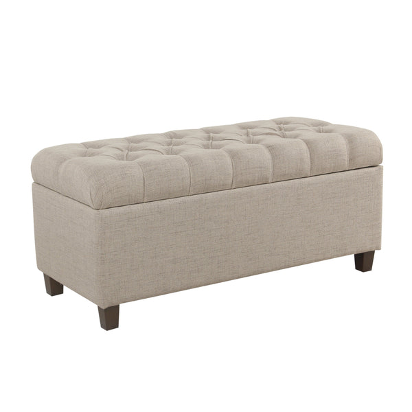 Fabric Upholstered Button Tufted Wooden Bench With Hinged Storage, Beige and Brown