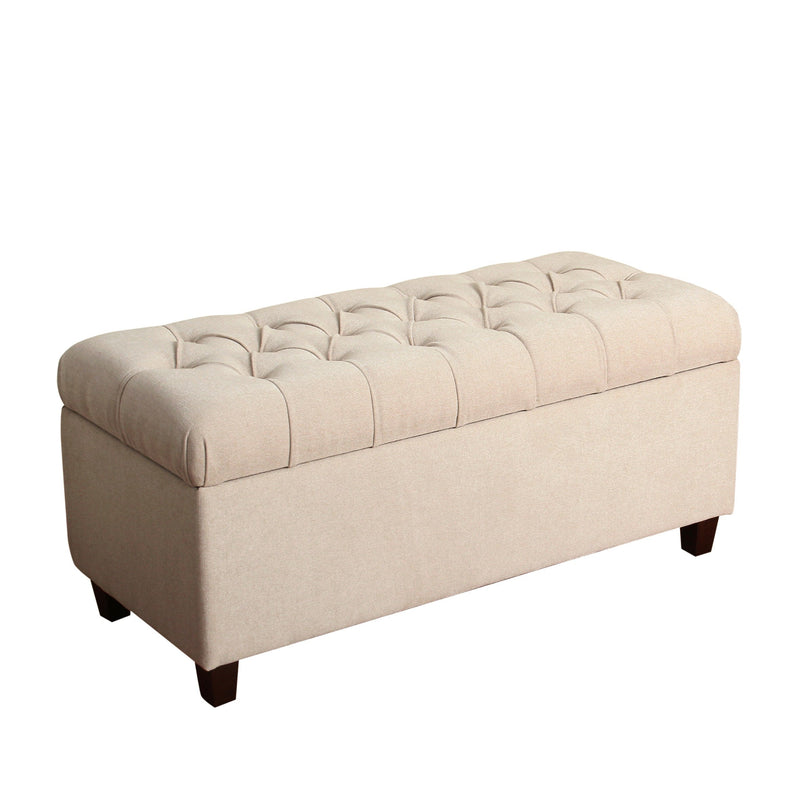 Fabric Upholstered Button Tufted Wooden Bench With Hinged Storage, Cream and Brown