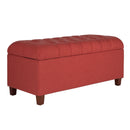 Fabric Upholstered Button Tufted Wooden Bench With Hinged Storage, Red and Brown