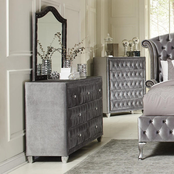 Fabric Upholstered Dresser with Button-Tufting, Gray-Bedroom Furniture-Gray-Asian Hardwood and Fabric-JadeMoghul Inc.
