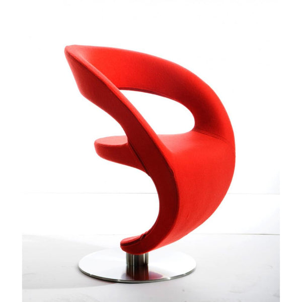 Fabric Upholstered Lounge Chair with Round Stainless Steel Base, Red and Silver-Accent Chairs-Red and Silver-Polyester Fabric Wool and Stainless Steel-JadeMoghul Inc.