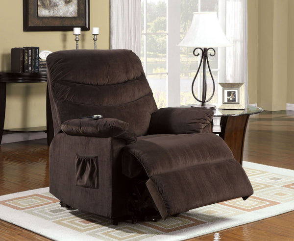 Fabric Upholstered Metal Power Lift Reclining Chair with Remote Control, Brown-Chairs-Brown-Fabric And Metal-JadeMoghul Inc.