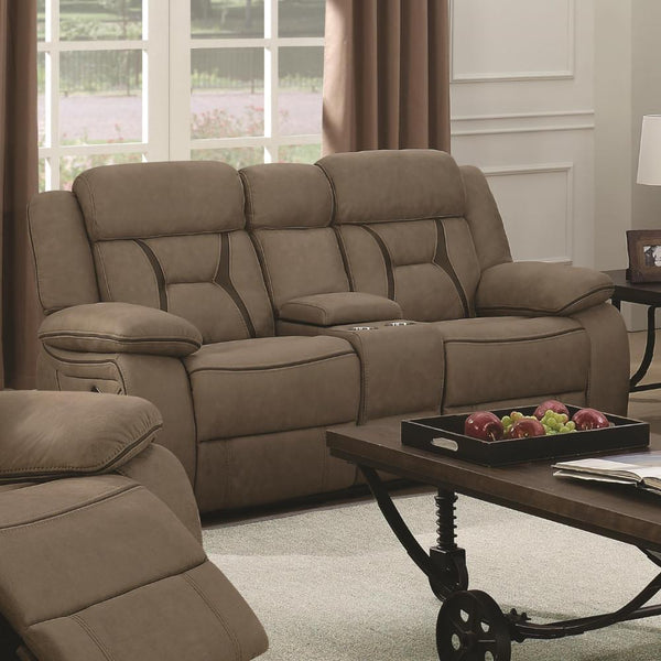 Fabric Upholstered Microfiber Motion Loveseat With Console, Brown-Living Room Furniture-Brown-Microfiber Fabric/Wood-JadeMoghul Inc.