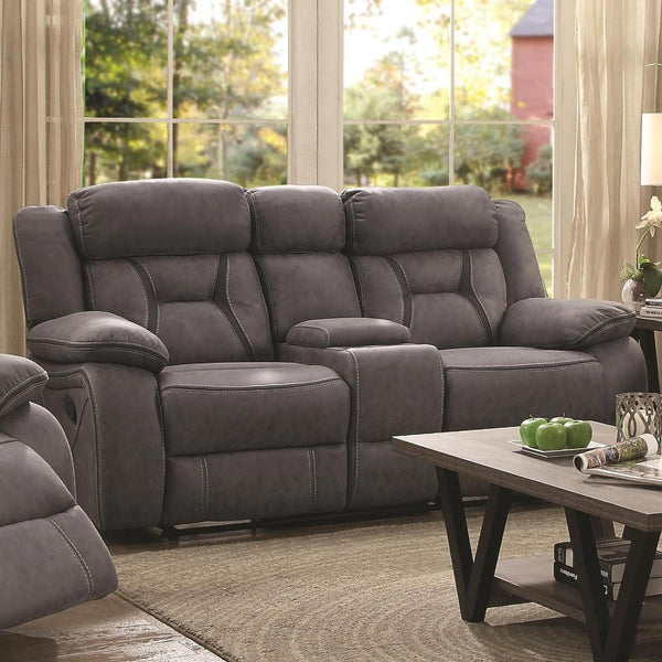 Fabric Upholstered Microfiber Motion Loveseat With Console, Gray-Living Room Furniture-Gray-Microfiber Fabric/Wood-JadeMoghul Inc.