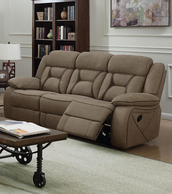 Fabric Upholstered Padded Microfiber Motion Sofa With Contrast Stitching, Brown-Living Room Furniture-Brown-Microfiber Fabric/Wood-JadeMoghul Inc.