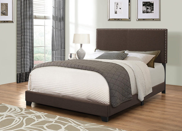 Fabric Upholstered Queen Size Platform Bed with Nail Head Trim, Brown-Bedroom Furniture-Brown-Fabric and Wood-JadeMoghul Inc.