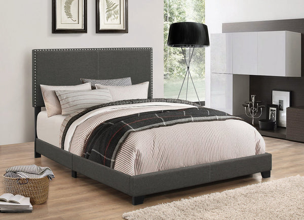 Fabric Upholstered Queen Size Platform Bed with Nail Head Trim, Charcoal Gray-Bedroom Furniture-Gray-Fabric and Wood-JadeMoghul Inc.