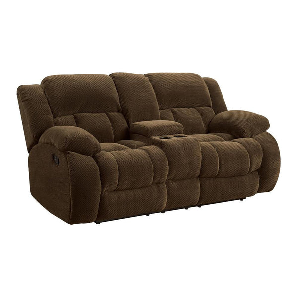 Fabric Upholstered Reclining Motion Loveseat With Cupholders and Storage, Brown-Living Room Furniture-Brown-Chenille Fabric/Wood-JadeMoghul Inc.