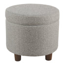 Fabric Upholstered Round Wooden Ottoman with Lift Off Lid Storage, Light Gray