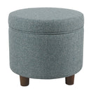 Fabric Upholstered Round Wooden Ottoman with Lift Off Lid Storage, Teal Blue