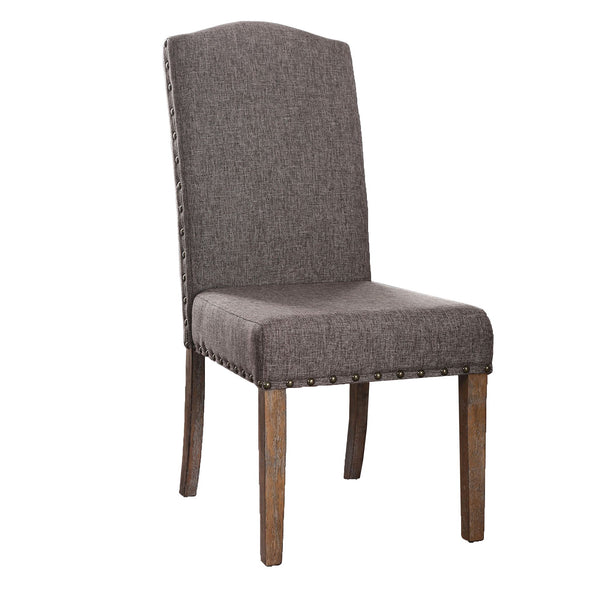 Fabric Upholstered Solid Wood Side Chair with Nail head Trims , Brown and Gray, Pack of Two-Accent Chairs-Brown and Gray-Solid Wood and Fabric-JadeMoghul Inc.