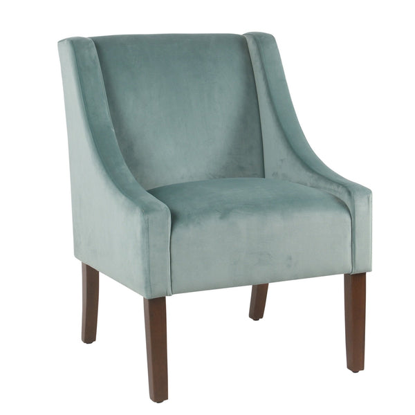 Fabric Upholstered Swooped Accent Chair with Wooden Legs, Blue and Brown-Accent Chairs-Blue and Brown-Wood and Fabric-JadeMoghul Inc.