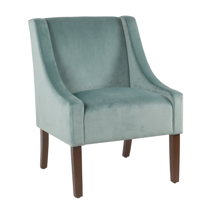 Fabric Upholstered Swooped Accent Chair with Wooden Legs, Blue and Brown-Accent Chairs-Blue and Brown-Wood and Fabric-JadeMoghul Inc.