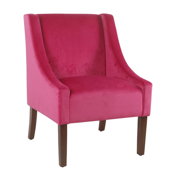Fabric Upholstered Swooped Accent Chair with Wooden Legs, Dark Pink and Brown-Accent Chairs-Pink and Brown-Wood and Fabric-JadeMoghul Inc.