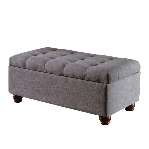 Fabric Upholstered Tufted Storage Bench With Wooden Bun Feet, Gray and Brown