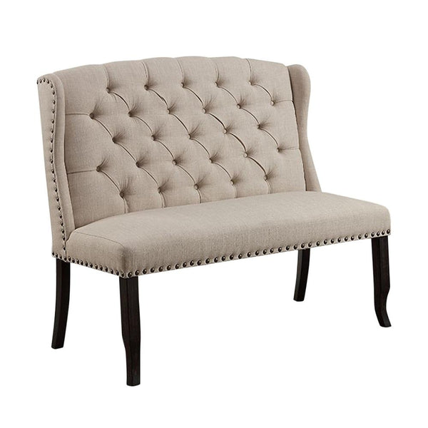 Fabric Upholstered Wing back Bench with Sturdy Wooden Legs, Beige and Black-Accent and Storage Benches-Beige and Black-Fabric, Solid Wood, Wood Veneer-JadeMoghul Inc.