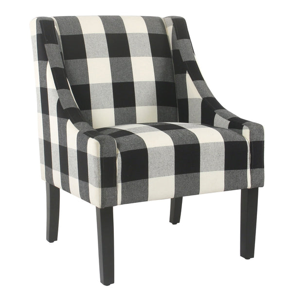 Fabric Upholstered Wooden Accent Chair with Buffalo Plaid Pattern, Black and White-Accent Chairs-Black and White-Wood and Fabric-JadeMoghul Inc.
