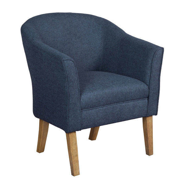Fabric Upholstered Wooden Accent Chair with Curved Back, Blue and Brown-Accent Chairs-Blue and Brown-Wood and Fabric-JadeMoghul Inc.