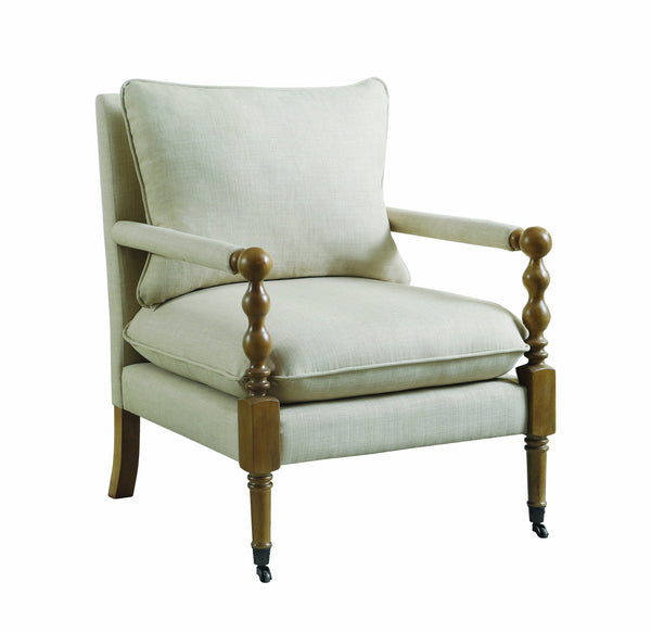 Fabric Upholstered Wooden Accent Chair with Manchette Armrest, Beige and Brown-Accent Chairs-Beige and Brown-Wood and Fabric-JadeMoghul Inc.