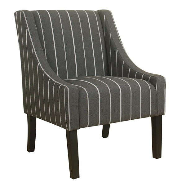 Fabric Upholstered Wooden Accent Chair with Stripe Pattern and Swooping Armrests, Black and White-Accent Chairs-Black and White-Wood and Fabric-JadeMoghul Inc.
