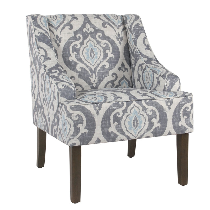 Fabric Upholstered Wooden Accent Chair with Swooping Armrests and Damask Pattern Design, Multicolor-Accent Chairs-Multicolor-Wood and Fabric-JadeMoghul Inc.